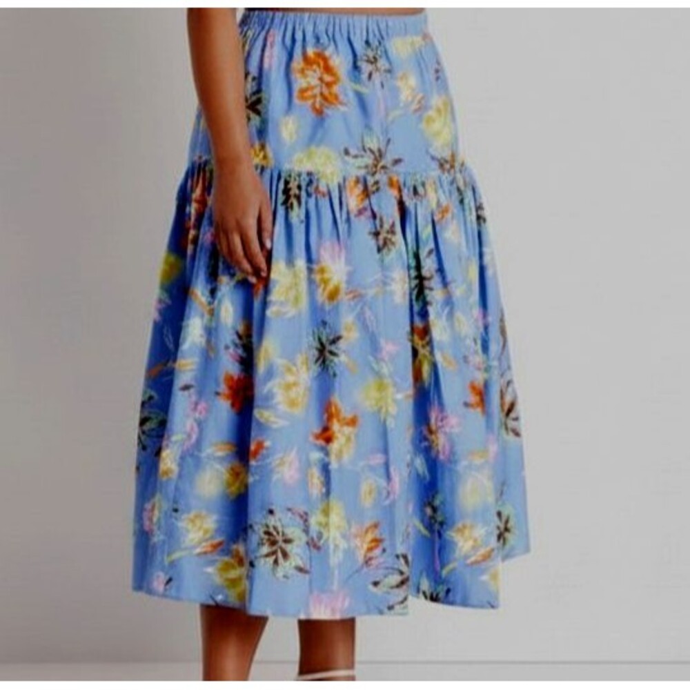 NEW Tanya Taylor Lara Tiered Skirt Women 3X Blue Floral Lily Haze Oxford $395